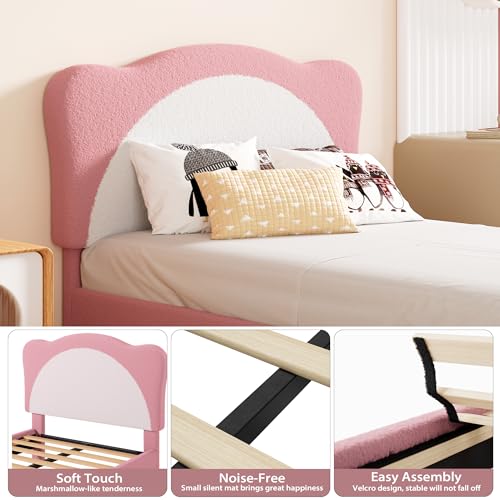Twin Size Bed Frame for Kids - Cute Velvet Princess Platform Bed with Upholstered Headboard for Girls/Boys, Solid Wood Slats Support, No Box Spring Needed, Pink + White