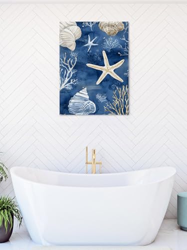 NuYeBiofx Ocean Starfish Seashell Waves Coral Canvas Wall Art Prints,48"x32" Framed Picture Artwork Navy Blue Printed Canvas Oil Painting for Living Room Bedroom Office,Ready to Hang