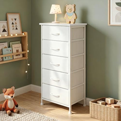 Tall Skinny Dresser with 5 Fabric Drawers, Narrow Dresser, White, 33.8in height, view 2
