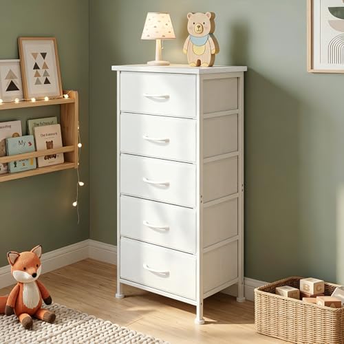Tall Skinny Dresser with 5 Fabric Drawers, Narrow Dresser, White, 33.8in height, view 2
