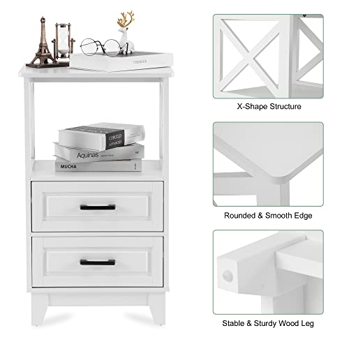 White Nightstand with 2 Storage Drawers Cabinet, Tall End Table with Wooden X-Design for Bedroom,Living Room, White