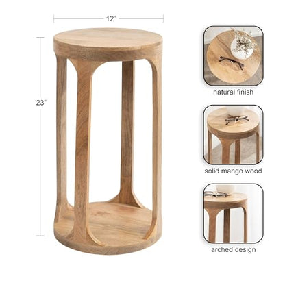 Dahl Wooden Round Drink Table; 12 x 23; Natural Brown; Transitional Boho Circle Wood Accent Pedestal Table for Living Room Plant Stand or Small Bedroom Nightstand