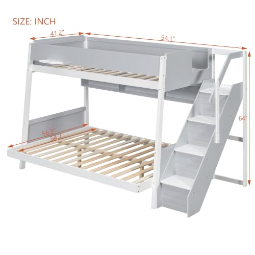 JIVOIT Twin Over Full Bunk Bed with Striped-Design Staircase, Side Shelves, view 3