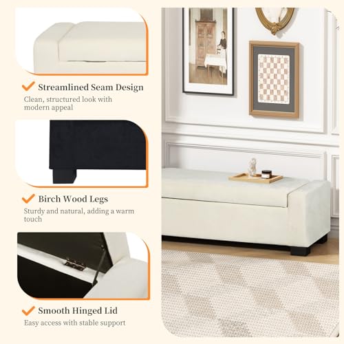 50" Ottoman Bench with Storage, Upholstered Seating Foot Rest Stool Furniture for Bedroom, Living Room, Entryway, White