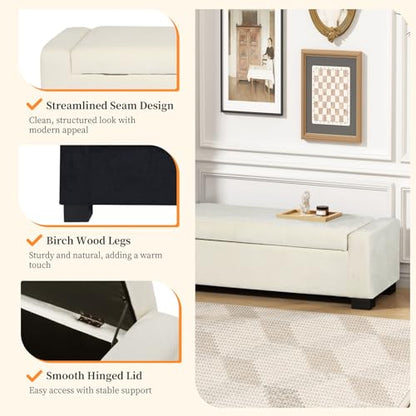 50" Ottoman Bench with Storage, Upholstered Seating Foot Rest Stool Furniture for Bedroom, Living Room, Entryway, White