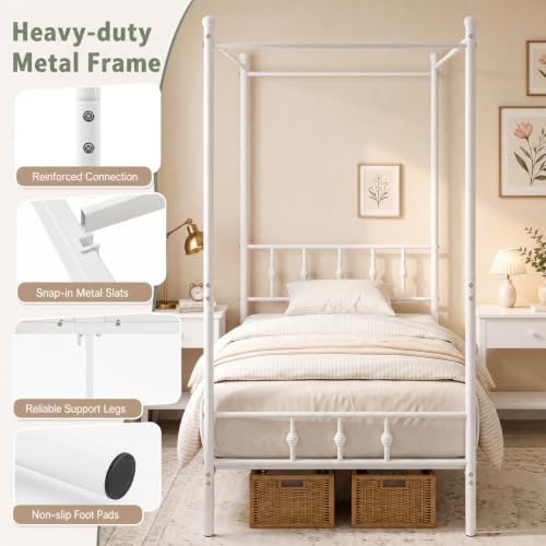 Twin Canopy Bed Frame with Headboard and Footboard (White), view 6