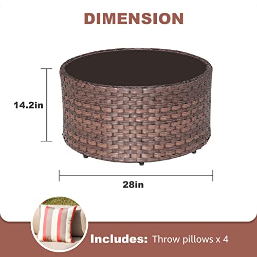 Round Outdoor Coffee Table with Tempered Glass Top, 28in Rattan PE Resin Wicker Patio Side Table, Brown