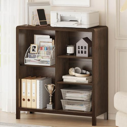 5 Cube Bookshelf, Wood Bookcase with 3 Adjustable Shelves, Farmhouse Cube Storage Organizer Shelf for Small Space Bedroom Living Room (Dark Walnut)