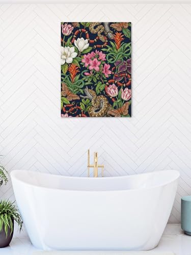 NuYeBiofx Tropical Snakes White Pink Flower Canvas Wall Art Prints,40"x28" Framed Picture Artwork Vintage Green Leaves Printed Canvas Oil Painting for Living Room Bedroom Office,Ready to Hang