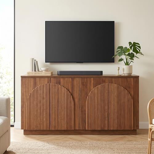 55" Fluted Sideboard Buffet Cabinet with Storage, Wood Mid Century Modern Credenza Cabinet w/Arched Reeded Doors & Adjustable Shelves for Kitchen, Living Room, Entryway, Walnut