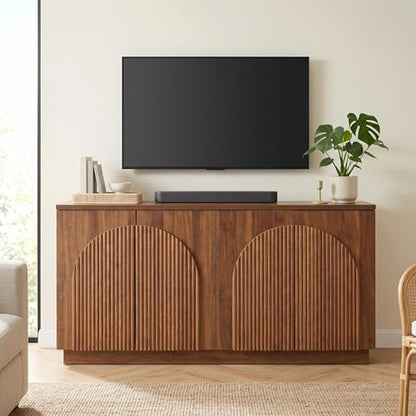 55" Fluted Sideboard Buffet Cabinet with Storage, Wood Mid Century Modern Credenza Cabinet w/Arched Reeded Doors & Adjustable Shelves for Kitchen, Living Room, Entryway, Walnut