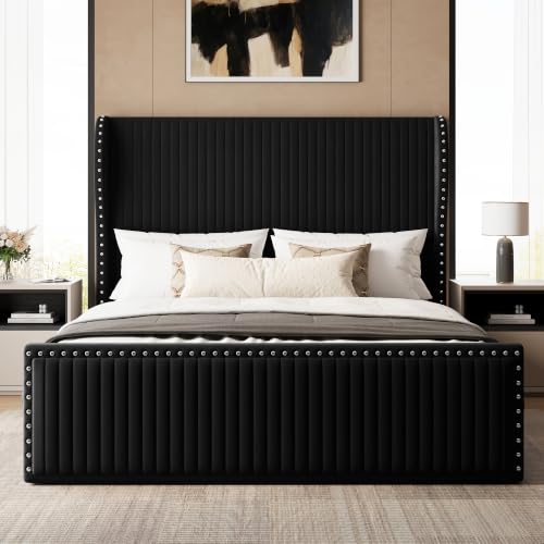 Queen Size Bed Frame with 55" Headboard Nailhead Trim Design, Black, view 2