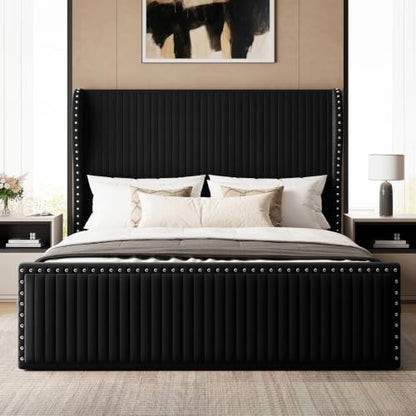 Queen Size Bed Frame with 55" Headboard Nailhead Trim Design, Black, view 2