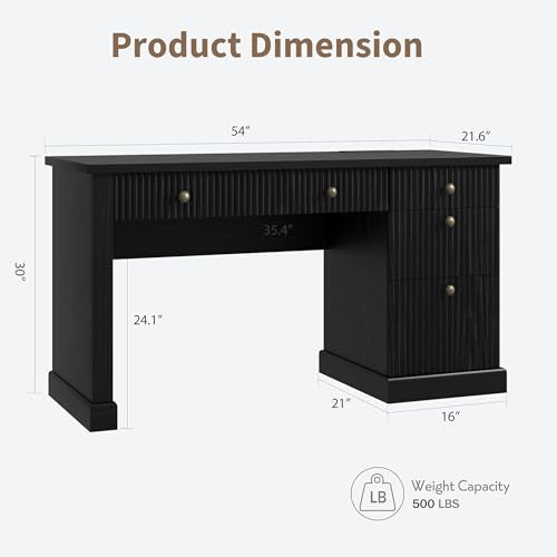 54" Fluted Home Office Desk with File Drawer for Home Office, view 3