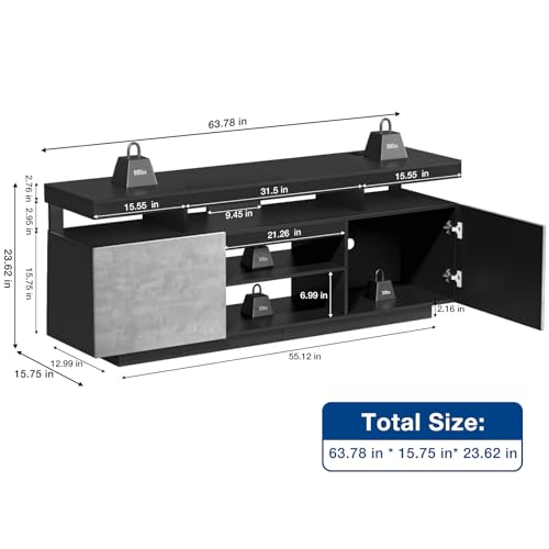 70 Inch LED TV Stand with Power Outlets, Modern Entertainment Center with LED Lights for Living Room, Black Grey Gaming Media Cabinet with Storage, TV Console for 70/65/60/55 inch TVs (64 Inch)
