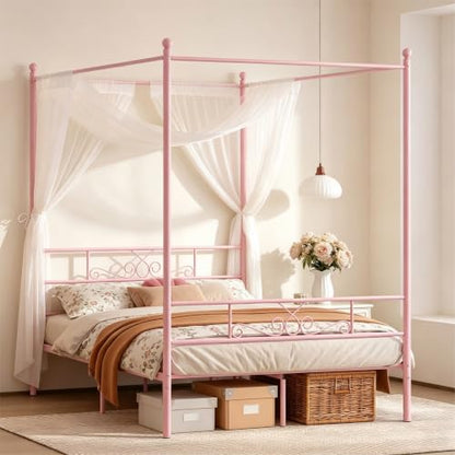 Full Metal Canopy Platform Bed Frame with Headboard, Pink, view 7