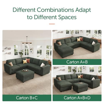 Corduroy Sectional Sofa with Storage Ottoman, 6 Seaters L Shaped Small Sectional Couch for Living Room, Green