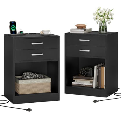 Black Nightstand Set of 2,Bedside Table with Drawers, view 2