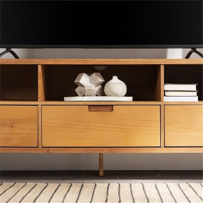 Millie Mid Century Modern 3 Drawer Solid Wood Low TV Stand for TVs up to 80 Inches 70 Inch Caramel