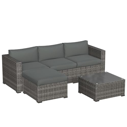 5 Piece Outdoor Patio Sectional Furniture Set, Weather Resistant Rattan Outside Couch, Waterproof Conversation Sofa for Balcony, Porch, Backyard, Deck, Garden, Grey