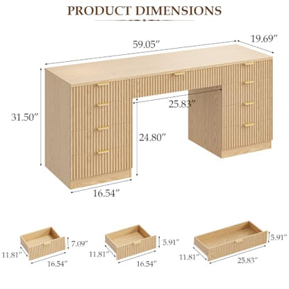 59 Inch Fluted Computer Desk with 9 Drawers, Natural, view 3