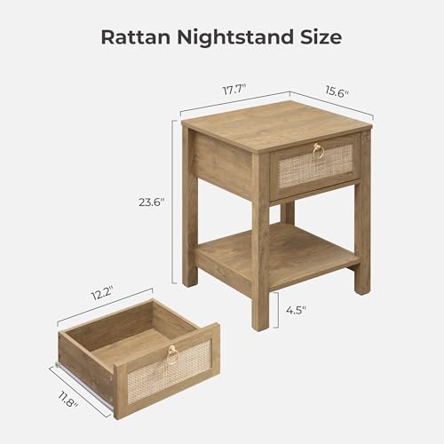 Rattan Nightstand Set of 2, Rattan Decor Drawer with Brass Knobs Night Stand Bedside Table Boho End Tables Side Tables with Storage Shelf for Bedroom,Small Space