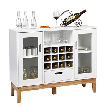 Kitchen Storage Sideboard, Coffee Bar Cabinet w/ 12 Bottle Wine Rack, 2-Doors Transparent Cabinet, 3-Position Adjustable Shelf, One Drawer, Dining Buffets Cabinet for Kitchen Entryway
