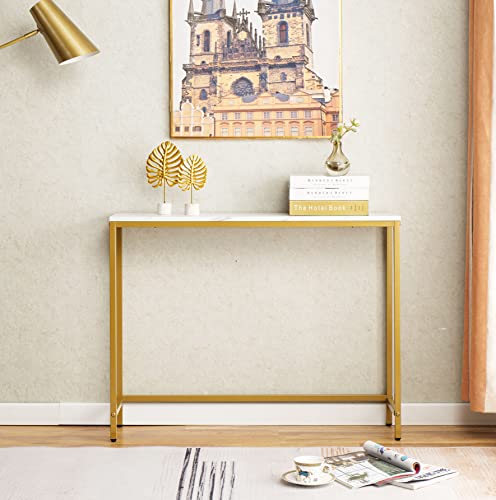 Small Console Table for Entryway, Faux Marble MDF Sofa Table with Golden Frame, Single Layer, White Marble, 9.45" D x 38.19" W x 30" H