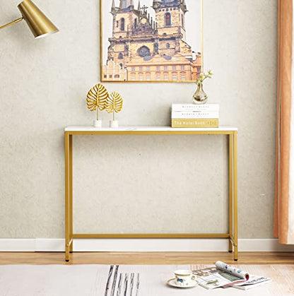Small Console Table for Entryway, Faux Marble MDF Sofa Table with Golden Frame, Single Layer, White Marble, 9.45" D x 38.19" W x 30" H