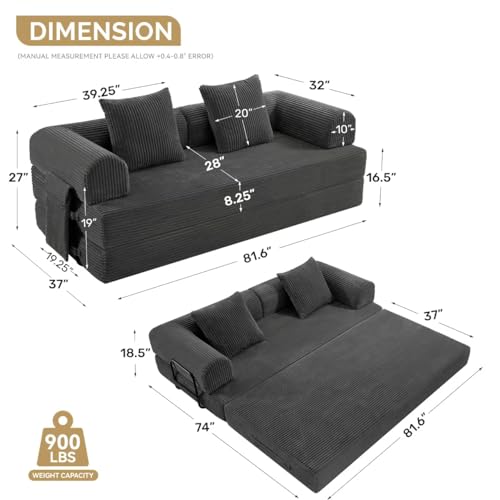 Convertible Coarser Corduroy Sleeper Sofa Bed with Cylindrical Pillow, Folding Mattress Couch with Fixed-Shape Frame, Floor Sofa Lounge Couch for Living Room Bedroom Lounge Studio, Dark Grey