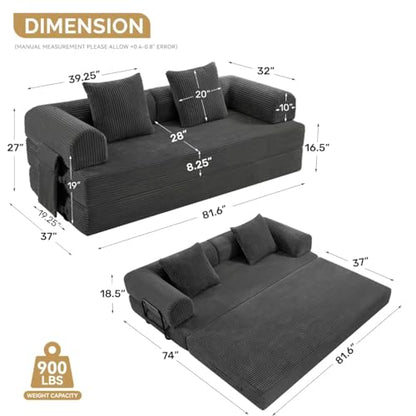 Convertible Coarser Corduroy Sleeper Sofa Bed with Cylindrical Pillow, Folding Mattress Couch with Fixed-Shape Frame, Floor Sofa Lounge Couch for Living Room Bedroom Lounge Studio, Dark Grey