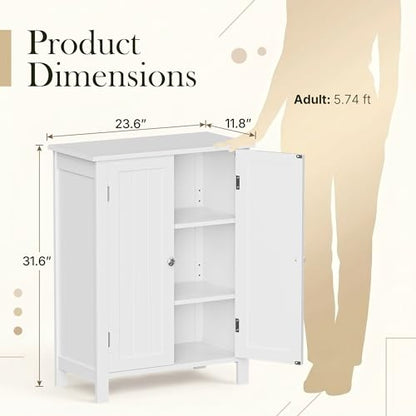 Bathroom Floor Storage Cabinet with Double Door + Adjustable Shelf, Wooden Organizer Cabinet for Living Room, Bathroom, Bedroom, Modern Home Furniture (White)