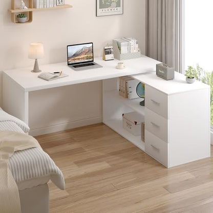 White L Shaped Desk with Drawers Shelves, Corner Home Office Desk L Shape with Storage Cabinet, Large Wood Computer Desk for PC Executive Work Writing Study, Modern Living Room Bedroom Table,60 In