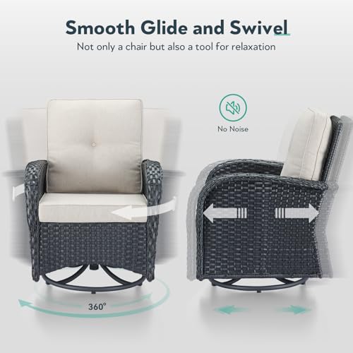 Outdoor Swivel Glider Rocker Chairs - 3 Piece Patio Furniture Set, Patio Bistro Sets with Tempered Glass Side Table, for Balcony, Porch - Black Wicker Beige Cushion