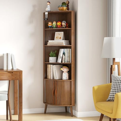 66'' Tall Corner Bookshelf with 2 Fluted Sliding Doors,Walnut, view 6