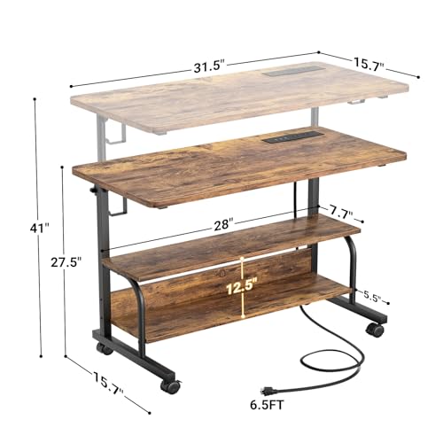 32" Height Adjustable Standing Desk with Power Outlets - Manual Rolling Stand Up Desk with Wheels Small Portable Computer Desk Mobile Laptop Table with Storage Shelves for Home Office, Rustic