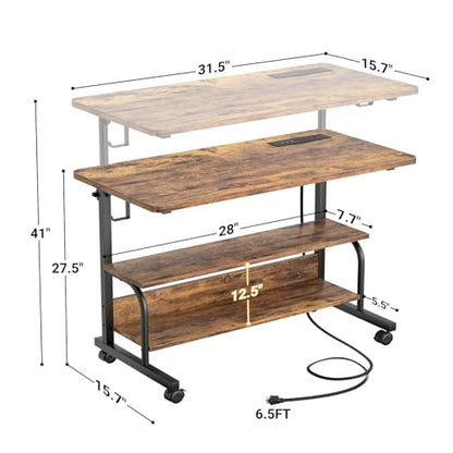 32" Height Adjustable Standing Desk with Power Outlets - Manual Rolling Stand Up Desk with Wheels Small Portable Computer Desk Mobile Laptop Table with Storage Shelves for Home Office, Rustic