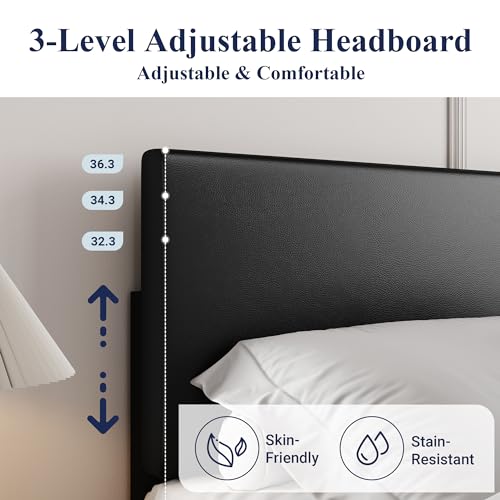 Queen Size Faux Leather Bed Frame, Adjustable Headboard, Black, view 5
