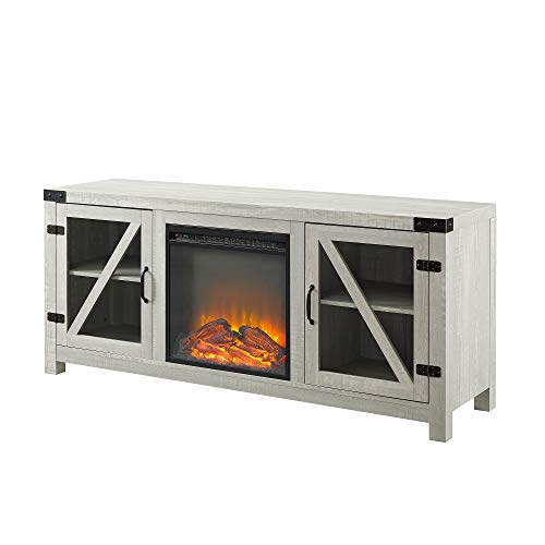 Farmhouse Barn Door Wood and Glass Fireplace TV Stand for TV's up to 64" Flat Screen Living Room Storage Cabinet Doors and Shelves Entertainment Center, 58 Inch, Stone Grey