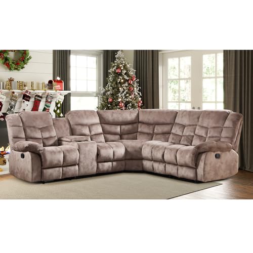 Manual Reclining Sectional Sofa Set for Living Room, Soft Fabric Recliner Corner Sectional Couch with Center Console, Cup Holder and Storage, Brown