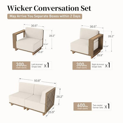 L Shaped Patio Furniture, Outdoor Sectional Sofa with 10''Ultra-Thick Cushions, Yellow Rattan Wicker Patio Conversation Set, Low Profile Lawn Garden Backyard Furniture