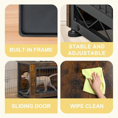 JY QAQA Dog Crate Furniture, Wooden Dogs Crate Table, Double-Doors Dog Furniture, view 4