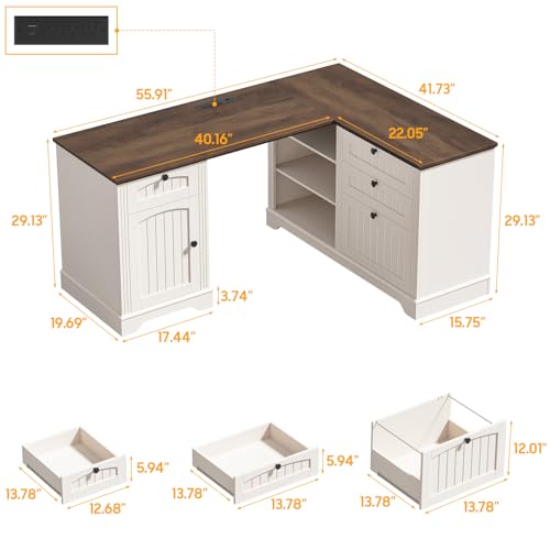 Farmhouse L Shaped Desk with Drawers, Corner Computer Desk for Home Office, view 3