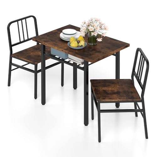 3-Piece Dining Table Set, Rectangular Kitchen Table with Storage Rack and 2 Dining Chairs, Heavy-Duty Metal Frame, Space-Saving Dinette Set for Breakfast Nook, Apartment (Brown + Black)