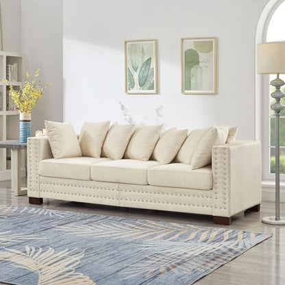 GDFStudio 84.5" Mid-Century Modern Sofa with Storage, 3 Seater Deep Seat Upholstered Velvet Sofa Couch, Silver Nailhead and Square Arms, Solid Wood Legs, Accent Sofa for Living Room Bedroom, Apricot