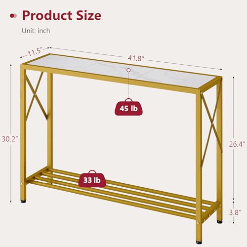 Entryway Table 41.8”, 2-Tier Entry Way Console Entrance Table, Narrow Sofa Table with Shelves, Ideal for Hallway, Entryway, Living Room, Foyer, Corridor, and Office (Gold & White)