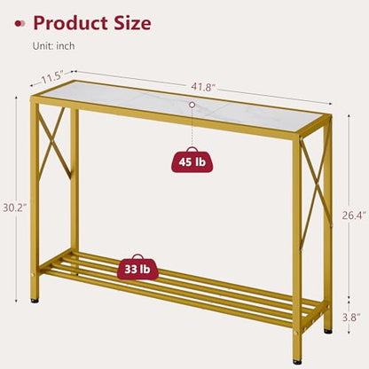 Entryway Table 41.8”, 2-Tier Entry Way Console Entrance Table, Narrow Sofa Table with Shelves, Ideal for Hallway, Entryway, Living Room, Foyer, Corridor, and Office (Gold & White)