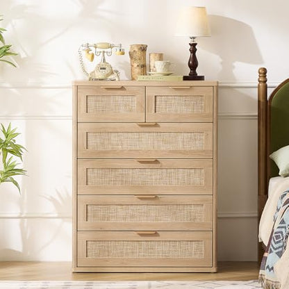 Rattan Dresser for Bedroom, 41" Tall Chest of Drawers, Modern 6 Drawers Boho Dressers with Storage, Light Oak Dresser Wooden Closet Organizer for Living Room, Hallway, Natural Wood