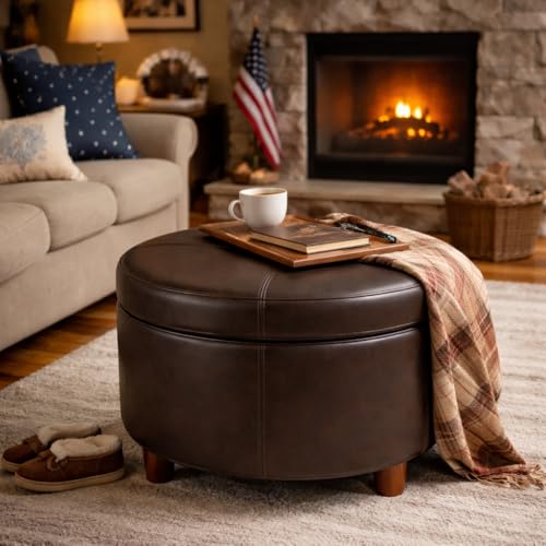 24" Round Leatherette Storage Ottoman - Chocolate Brown