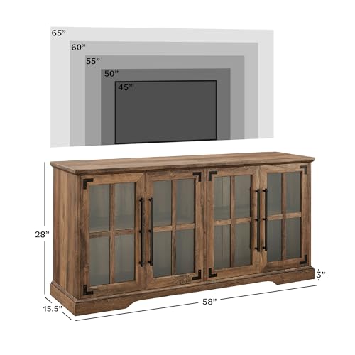 Farmhouse Barn Glass Door Wood Universal TV Stand for TV's up to 64" Flat Screen Living Room Storage Cabinet Doors and Shelves Entertainment Center, 58 Inch, Rustic Oak